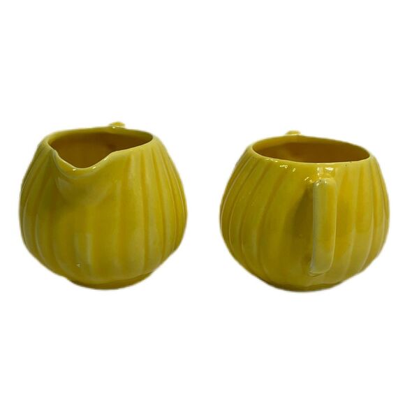 Vintage Ribbed Cream Sugar Bowl Set Pitcher Cottagecore Shabby Decor Mid Century - Picture 2 of 6